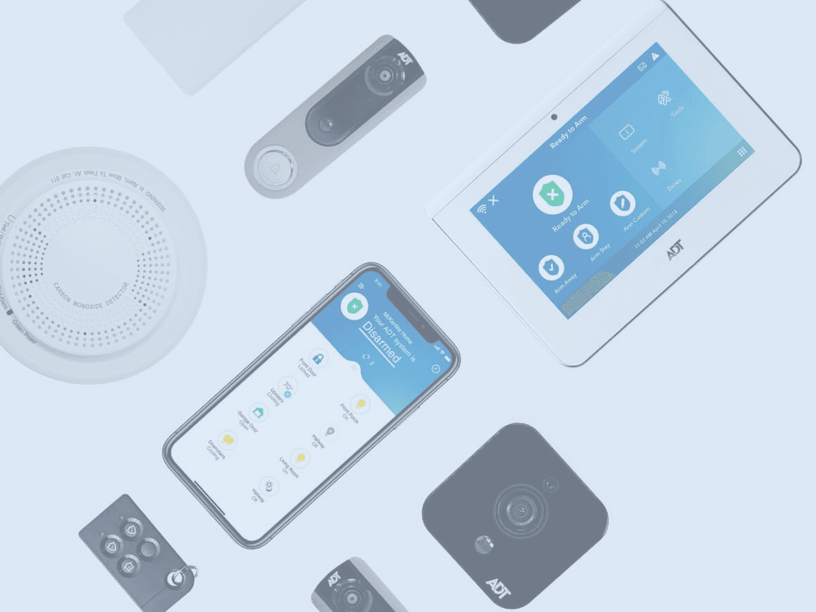 ADT smart home equipment including doorbell camera, control panel, mobile app and sensors