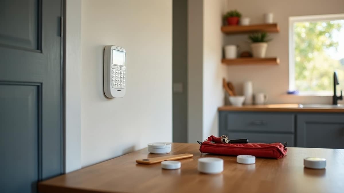 Split-screen style comparison of a professionally installed security panel and a DIY security sensor kit on a table