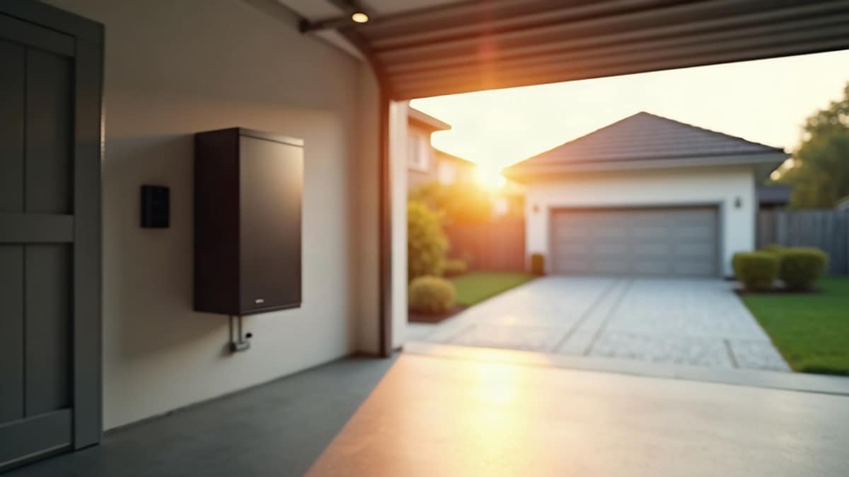 A home backup battery sitting next to a smart home security panel on a table during a storm outside