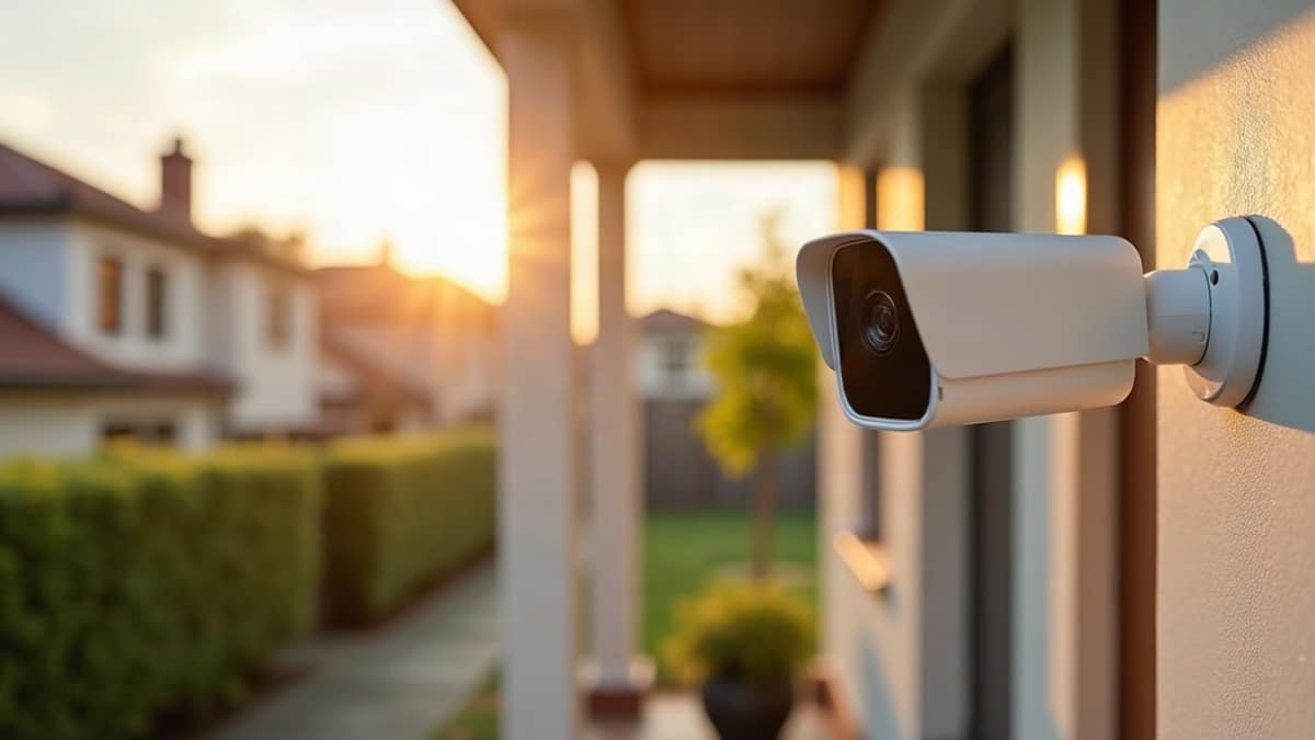 A homeowner unboxes a new security camera next to a laptop showing a Labor Day sale page