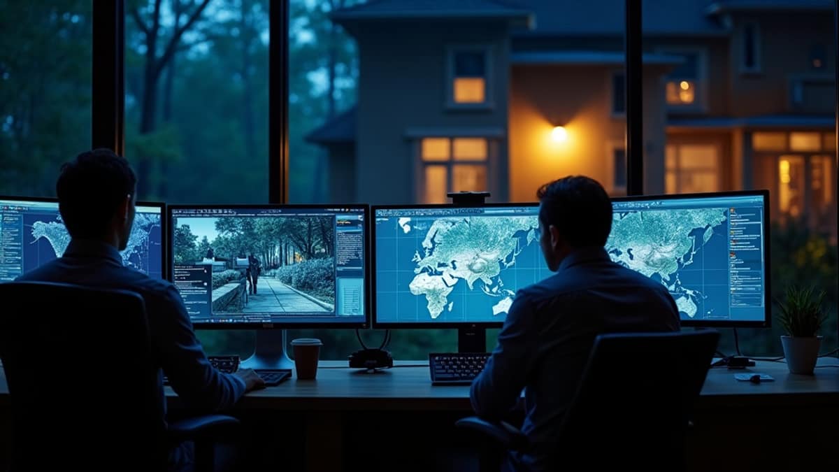 Monitoring center agent reviewing home security alerts on a multi-screen workstation
