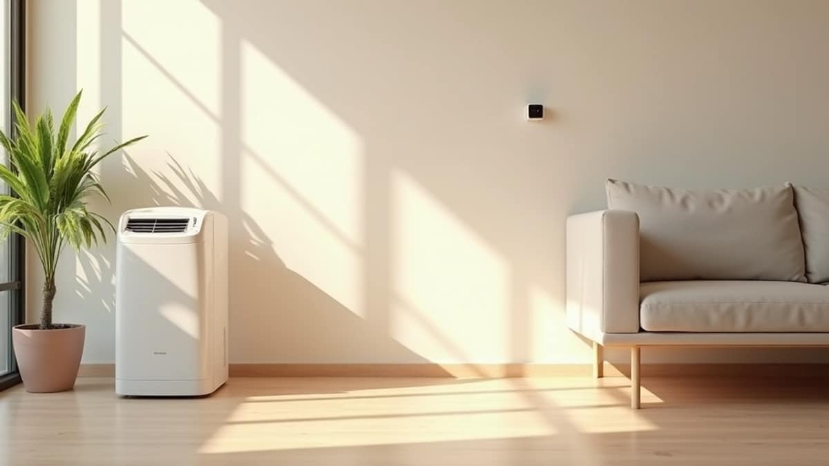 A modern living room with a portable air conditioner unit and a smart home security camera visible on the wall
