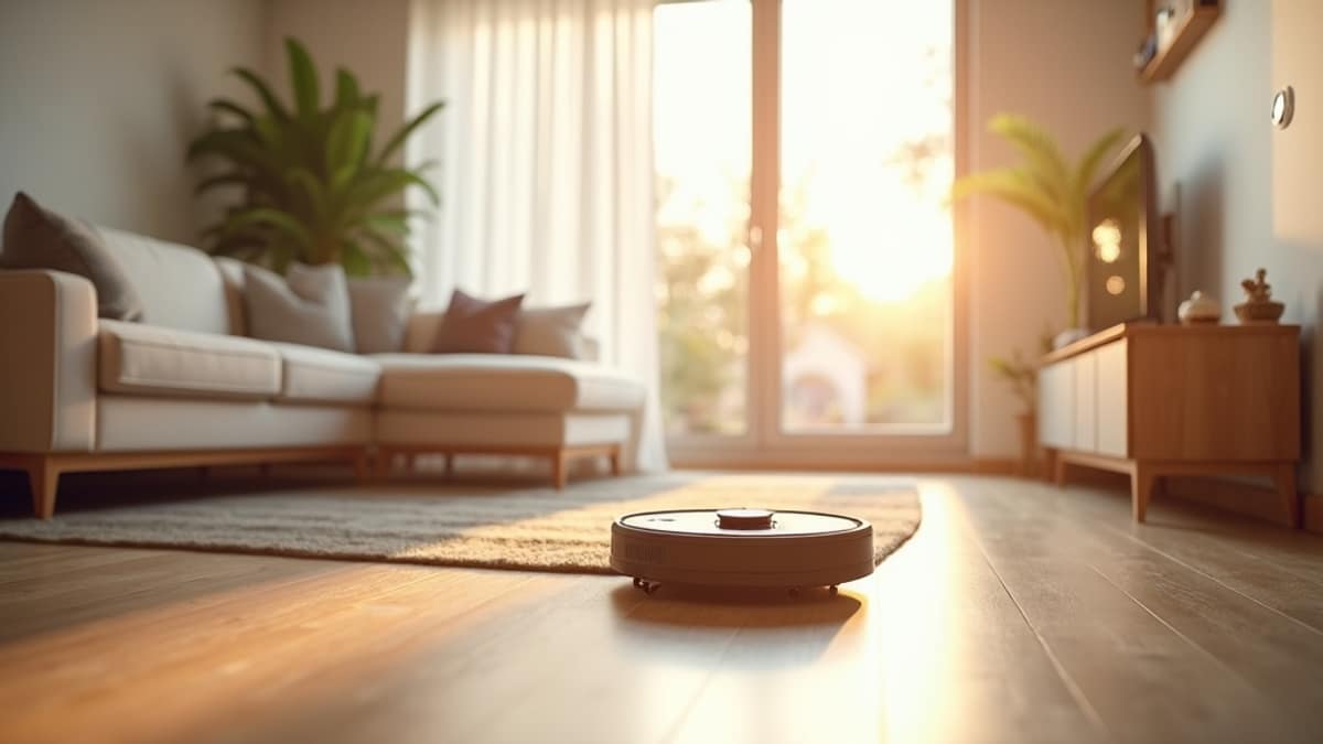 A robot vacuum cleaning a modern living room with a smart home security camera visible on the wall