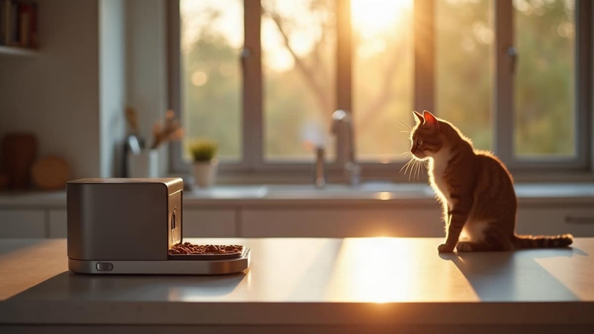 A modern smart pet feeder on a kitchen counter connected to a smart home app, alongside a home security camera icon