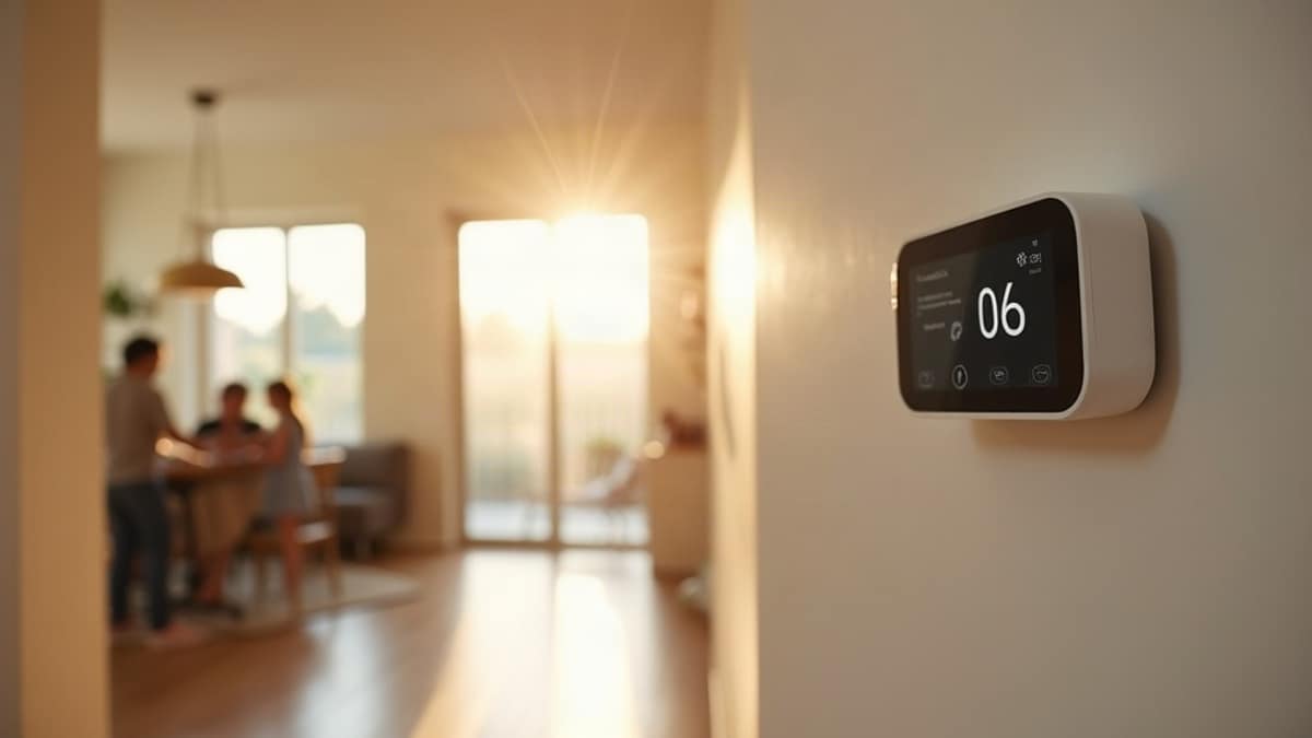 A modern smart thermostat mounted on a wall next to a smart home security panel