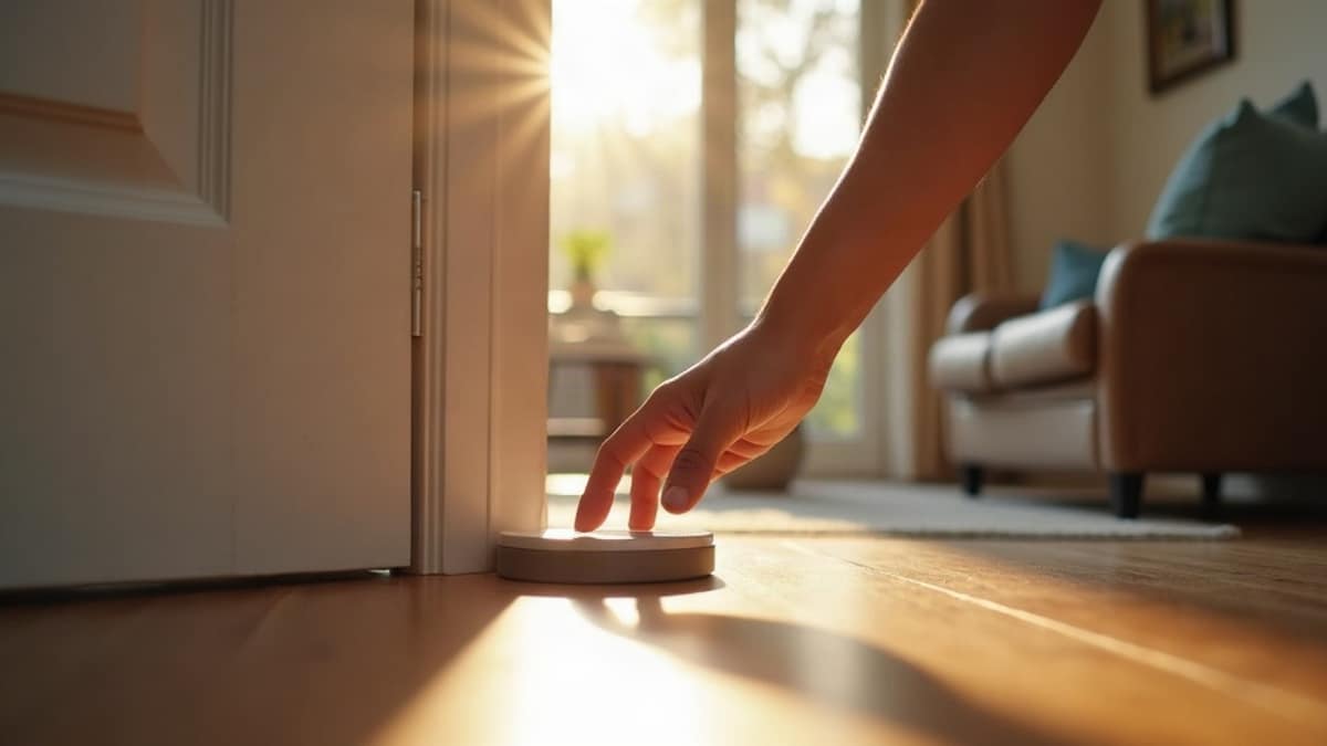 Traveler checking a rental home bedroom with a smart lock and security camera visible on the nightstand